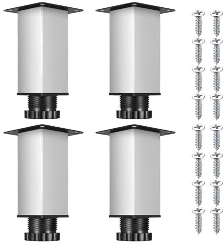 Hmkesoteric 4 Piezas Patas para Muebles Regulables 0-15mm, Patas Regulables para Muebles, Pies Niveladores, Patas para Muebles Mesa Silla Sofá Cama Pies Patas, con 16 Tornillos, plata/38x100mm