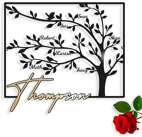 Personnalisé Arbre de vie en métal, Panneau pour décoration murale, Signe de Famille, Les membres de la famille, Arbre généalogique, Prénoms et Nom de Familie Acrylique, Cadeau unique (Design 2)