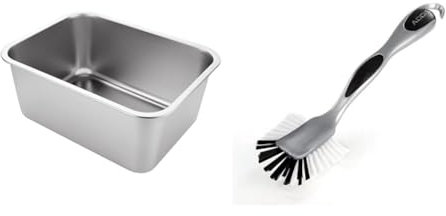 ASelected Washing Up Bowl, 304 Stainless Steel Large Rectangular 10 Litre Washing Basin, Dishtub, Mixing Bowl, Plastic Free, 33x24x15cm & Addis 501120 Ultra Grip Jumbo Dish Brush Dark Grey