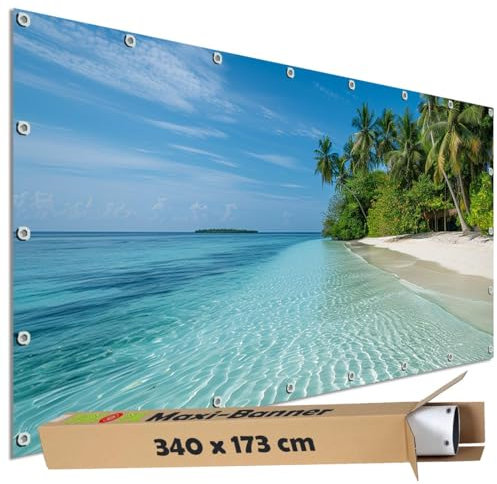 TRIOSK Sichtschutz Garten Dekoration Plane groß mit Motiv Malediven Meer Strand Beach House Motivbanner Blickdicht für Terrasse Zaun Gartenzaun Gartenposter PVC Zaunblende 340x173 cm