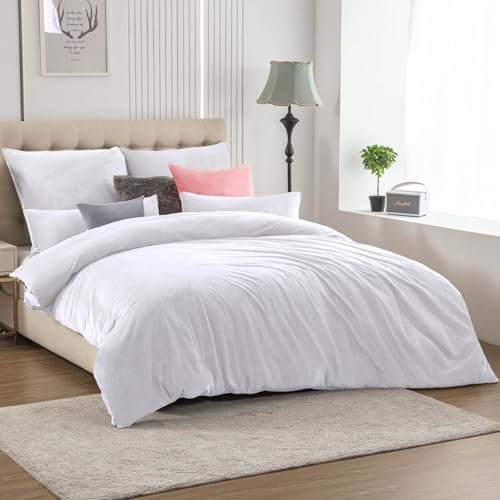 Soifox Winter Flanell Bettwäsche 200x220 - Weiß Flauschige und Warme Cashmere Touch Bettbezug + Kissenbezug 2er Set 80x80 cm mit Reißverschluss