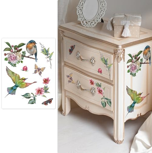Neukids Wandaufkleber Blume Transfer Aufkleber, Blumen Vögel reiben auf Transfers für Kunsthandwerk, UV DTF Aufkleber für Schlafzimmer Wohnzimmer Bücherregal Tisch Kleiderschrank Wanddeko
