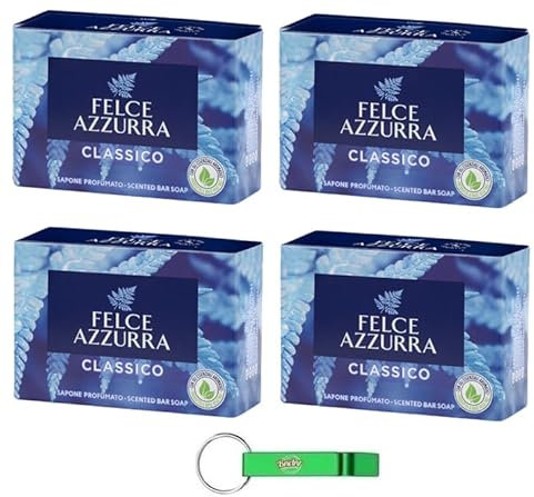 4 saponi Felce Azzurra Sapone Solido Classico – Sapone Solido con profumo inconfondibile – Ideale per mani e viso 100 g + Portachiavi Beni Culinari