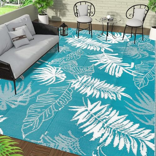 Falflor 240x300cm Large Outdoor Rug Plastic Garden Mats Outdoor Carpet for Patio Waterproof Large Picnic Blanket for Garden RV Beach Backyard Deck (Teal)