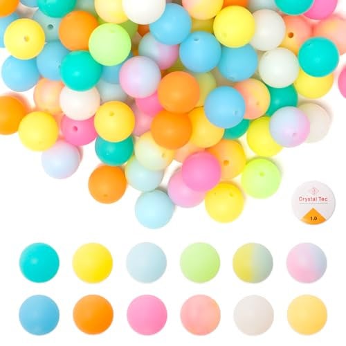 Bofanze 120 Pcs 12 Colors Silicone Loose Beads Luminous Round Silicone Beads 15mm Glow in Dark Bead Mixed Colourful Beads with 5m Elastic Cord for Bracelets, Necklaces, DIY Craft