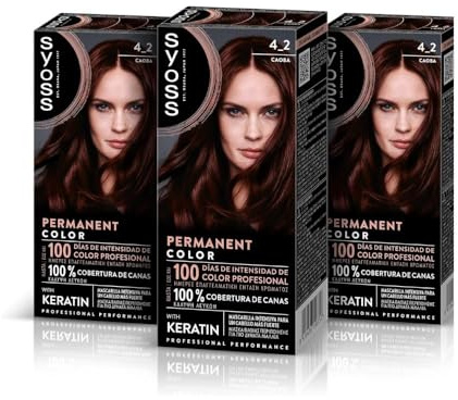 Syoss Permanent Color Tono 4.2 Caoba, Tinte para Pelo Mujer, Cobertura Profesional de Canas, Color Duradero y Cuidado Profundo, Incluye Mascarilla Intensiva con Keratina, Pack de 3