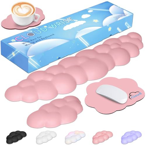JIKIOU Upgrade Leather Cloud Keyboard Wrist Rest, Cloud Wrist Rest with Non-Slip PU Base, Comfortable Memory Foam Wrist Rest for Computer Laptop Mac Gaming Office and Pain Relief, Pink