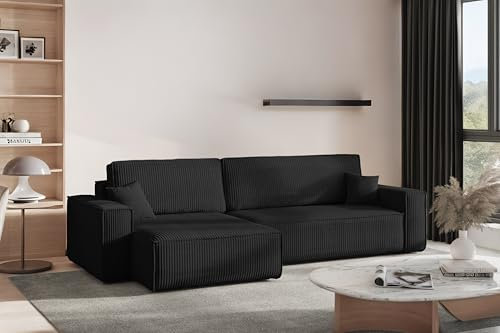 Kaiser Möbel - Ecksofa mit Schlaffunktion - Big Sofa - 274 x 142 cm - Cord Stoff, L Form, XXL, mit Bettkasten - Große Liegefläche 230 x 140 cm - Eckcouch, Wohnlandschaft - Best XL Links, Schwarz