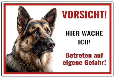 Schild Deutsche Schäferhund Vorsicht Hier wache ich - Betreten auf eigene Gefahr! - Achtung - Hundeschild Warnschild- - Warnung vor dem Hund - M3 (Aluverbund Weiß, 30x20 cm)
