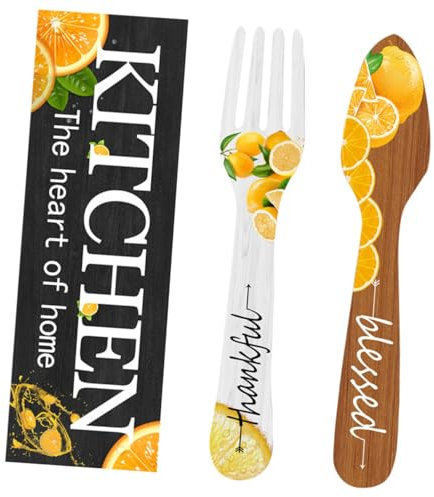 KONTONTY 3pcs Lemon Themed Wooden Kitchen Sign Fork Spoon Wall Decor Wall Art for Home Dining