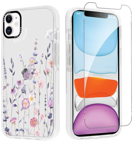 Knrlqim Hülle für iPhone 12 / iPhone 12 Pro 6,1 mit 1 Gehärtetem Glas Schutzfolie, Blumen Motiv Transparent Ästhetik Handyhülle für Mädchen Frauen, Silikon Stoßfest Anti-Gelb Schutzhülle, Flower 01