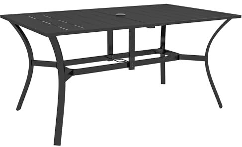 Outsunny Mesa Jardín Exterior Rectangular 150x90x73 cm Mesa Terraza Exterior Desmontable con Tablero Ranurado Agujero para Sombrilla y Estructura de Acero Galvanizado Negro