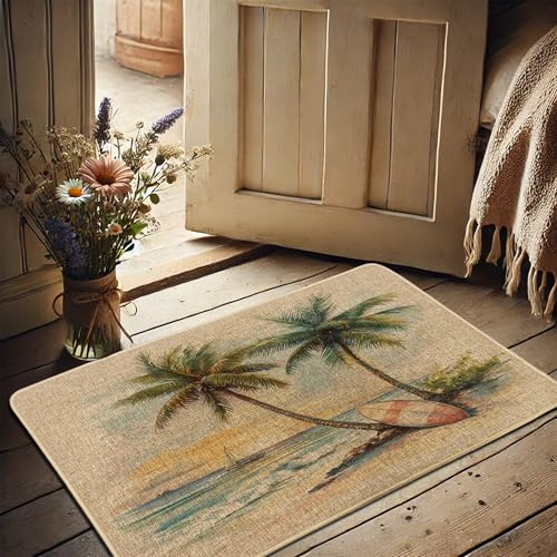 Fußmatte mit tropischer Palme, beige Strandszene, Fußmatte für Außen- und Inneneingang, Sommerdekoration, Gummi, wasserdicht, rutschfest, staubabsorbierend, leicht zu reinigen, 73 x 43 cm