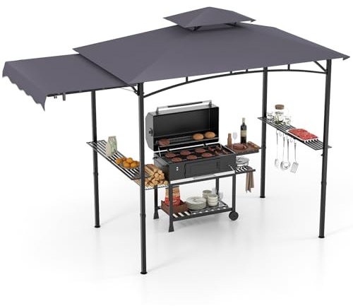 GOPLUS Tonnelle pour Barbecue avec Auvent Latéral, Abri Barbecue Extérieur avec Dessus à 2 Niveaux, Crochets, Décapsuleur, Dessus Souple, pour Jardin, Cour (242+84x126x250CM|Gris Foncé)