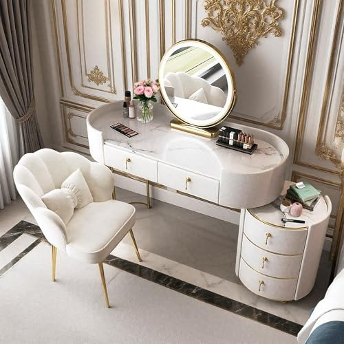 Weiß/Grau Frisierkommode mit Licht Spiegel, Schminktisch Set mit Beleuchtung Frisiertisch Schubladen und Stuhl 80CM/100CM Kosmetiktisch Holz Make up Tisch für Tochter Frau (Weiß B, 80cm)