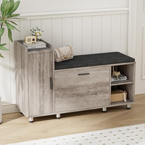 BonVache Schuhbank mit Sitzfläche, Klappfach mit Verstellbarer Trennwand, Höhenverstellbar, Schuhschrank mit Stauraumtüren und 3 Offener Lagerplatz, Schuhregal für Flur, 105 x 34 x 67cm, Grau