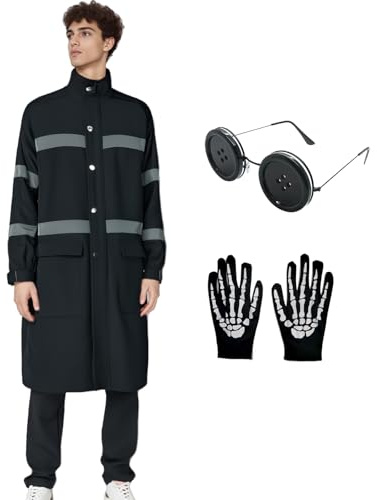 Tvnxdgl Wybie Lovat Kostüm Herren Wybie Regenmantel Schwarz Rollkragen Jacke Cosplay Knopf Augen Brille Schädel Handschuhe Set
