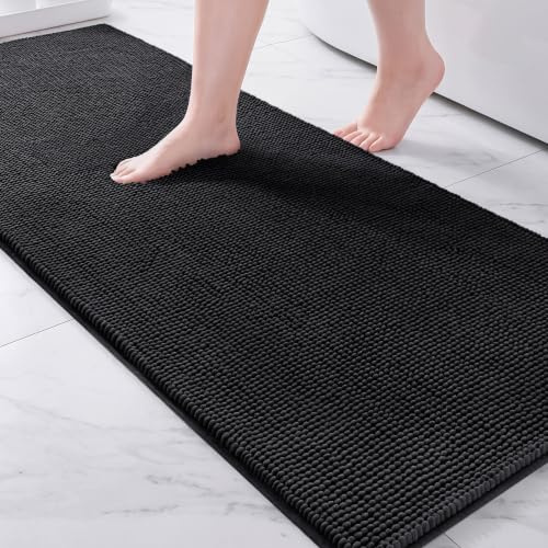 Exclusivo Mezcla Badematte Chenille Badteppich für Badezimmer 60x180 cm | Badvorleger, Badezimmerteppich, Fußmatte für Dusche, Waschbar, Saugfähig und Rutschfest, Weich und Leicht, Schwarz