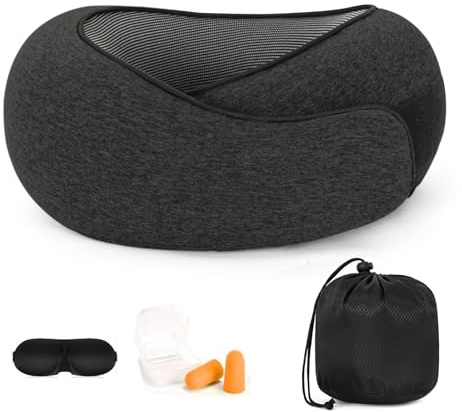 DULCE DOM 360° Memory Foam Reisekissen für Erwachsene | Verstellbare Nackenstütze für Flug, Zug & Auto | Inkl. Tragetasche, Schlafbrille & Ohrstöpseln für erholsames Reisen (Dunkelgrau)