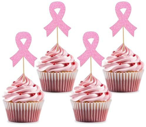 24 Pcs Breast Cancer Merchandise UK - Awareness Cupcake Toppers,Fight Believe Hope Decorations Fight for Charity Theme Party Cake Table Supplies with Glitter Pink Ribbon Centerpiece