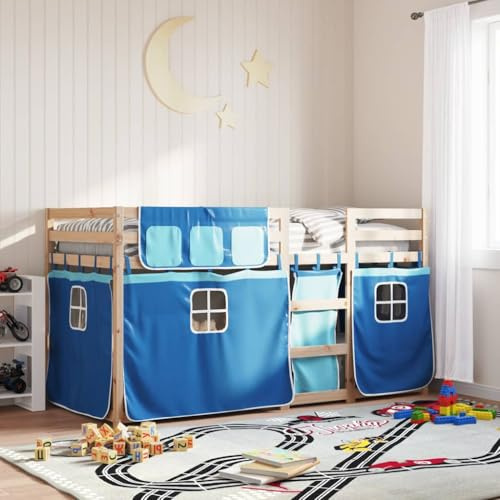 YuuSsea Etagenbett Blau 80x200 cm, Massivholz Kiefer, mit Vorhängen, sicherem Rausfallschutz, für Kinderzimmer, Jugendzimmer