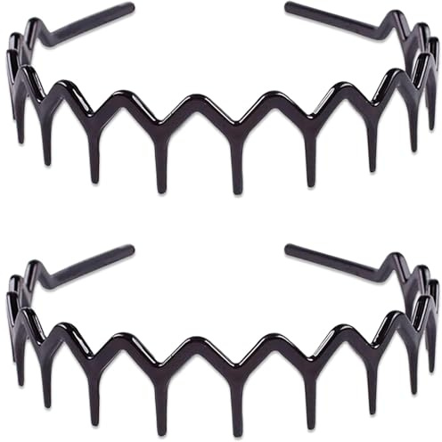 2 Pcs Zig Zag Headband, Black Shark Tooth Hair Comb, Strong Hold | 2 black zig zag headbands with shark tooth design for secure hold, quick styling, sports, washing face, and daily wear.