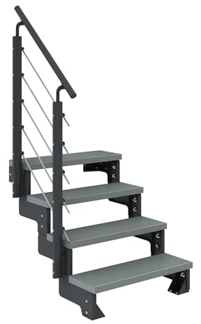 DOLLE Außentreppe Gardentop 2-14 Stufen inkl. Trimax® Stufen in Anthrazit, Grau oder Dunkelbraun Stufenbreite 80 cm oder 100 cm mit Geländer (Grau, 4 Stufen (72 bis 88 cm) | 100 cm)