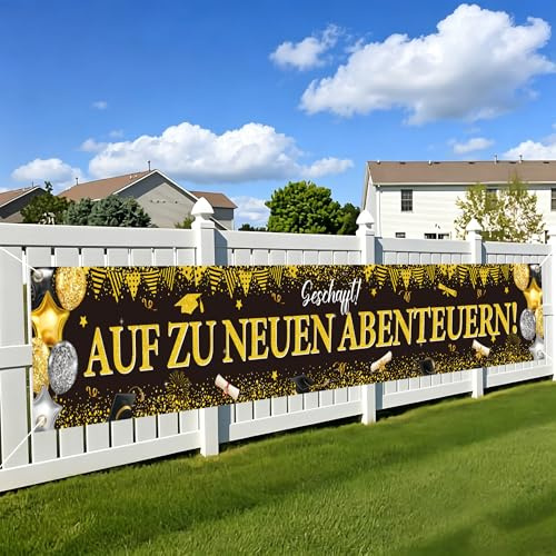 ABI 2026 Deko Schwarz Gold Banner Auf zu Neuen Abenteuern Abitur Abschluss | Schwarz Goldenes Banner mit Auf zu Neuen Abenteuern Motiv, Wand Deko Geschenkidee zur Abiturfeier 2026 Bachelor Master