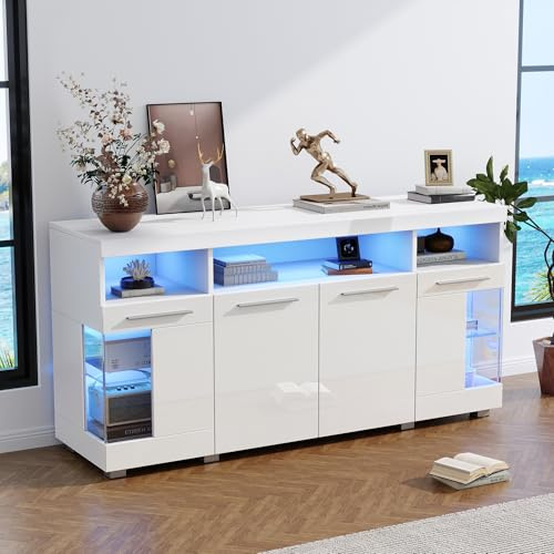 Skänk med högglans vit med LED-belysning och appkontroll – TV-skåp med 3 lådor och härdat glas, sidoskåp och vardagsrumsskåp, lastkapacitet 80 kg, 140 x 40 x 70 cm