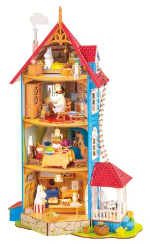 Rolife DIY Miniatur Puppenhaus Moominhouse 441 Teile Holz Bausatz | Offizielles Moomin 3D Holzpuzzle, 4-Ebenen Moominhaus mit LED, 4 Figuren, Klebstofffreies Bastelset, Deko Geschenk