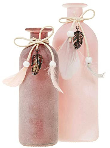 SIDCO Blumenvase 2 x Vase Flasche Glas Federn rosa Beeren Flaschenvase pink Deko