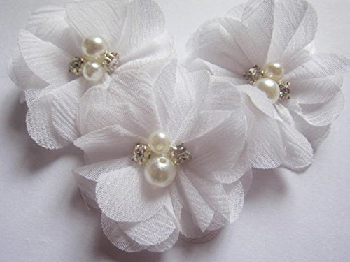 YYCRAFT 20 Stück Chiffon Blumen mit Strass und Perlen Hochzeit Dekoration/Haar Accessoire Handwerk/Nähen Craft(Weiß,5cm)