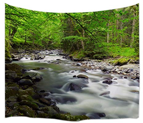 A.Monamour Wanddekor Wandteppiche Grüne Bäume Wälder Dschungel Wasserfälle Bäche Wasser Fließt Im Fluss Stein Felsen Moos Natur Landschaft Wandteppich Wandbehänge Bettdecken Dekorationen 203X153Cm