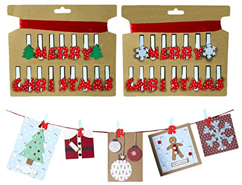 1x Christmas Card Holder, 'Merry Christmas' Design, Peg Holder with Ribbon for Hanging