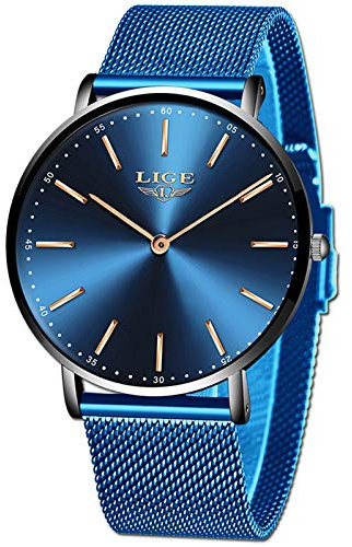 LIGE Herren Uhren Ultradünn Wasserdicht Analog Quarz Uhren Herren Geschäft Blau Mesh Uhren