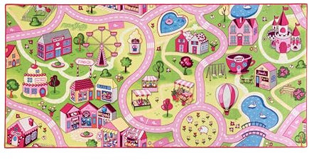 Carpet Studio Teppich Kinderzimmer 95x200cm, Kinderteppich, Spielteppich Straße Mädchen, Teppiche für Babyzimmer, Schlafzimmer & Spielzimmer, Antirutsch, 30°C waschbar - Sweet Town