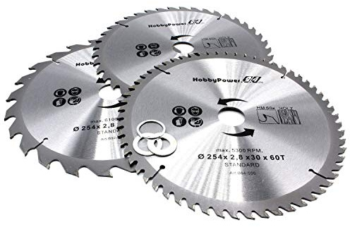 3 Kreissägeblätter 254x30mm 24, 40 und 60 Zähne + 3 Reduzierringe je Sägeblatt auf 24,4mm, 20mm und 16mm für Güde Tischkreissägen TK 2400 / TK2500