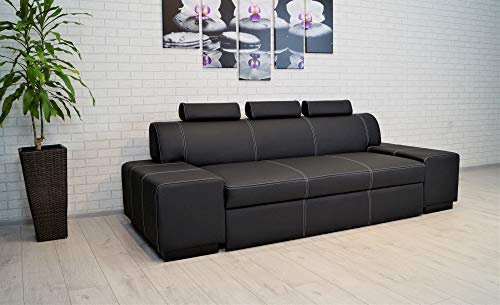 Quattro Meble Super Lange Echtleder 3 Sitzer Sofa London FS 3z Breite 238cm Ledersofa schwarzes Echt Leder Toledo Nero Couch mit Schlaffunktion und mit einstellbaren Kopfstützen