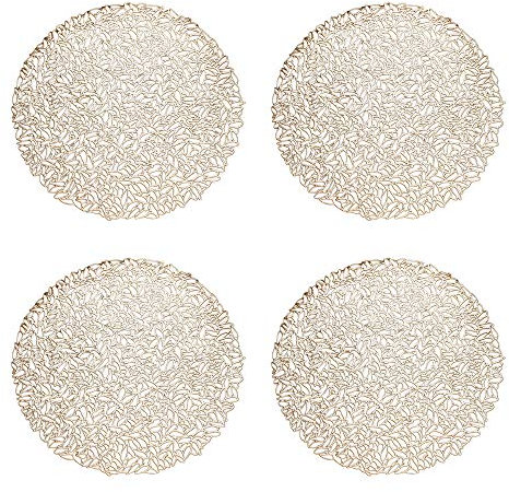 GLOBALDREAM Platzdeckchen, 4 Stück Tischuntersetzer Platzset Tischset Vinyl Hohl Platzsets Abwischbar PVC Platzdeckchen für Küche, Zuhause, Speisetisch (Gold, 38cm)