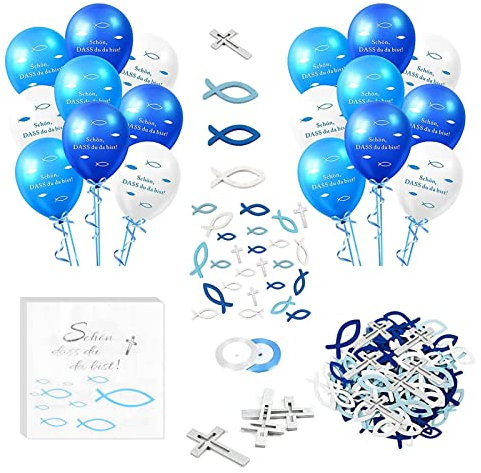 Kommunion Deko,132 Stück Servietten Fisch Blau Kommunion,36 Stück Servietten 'Schön, DASS du da bist!', Taufe Junge + 24 Luftballons +66 Stücke Holz Fische Deko,für Taufe, konfirmation deko(Blau)