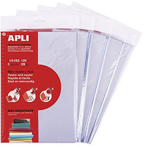 APLI 19012 - Forros de libros ajustables de PVC grueso ultraresistente | Tamaño 290 x 530 mm | 120 µ | Solapa autoadhesiva sin necesidad de tijeras ni cinta | Pack escolar de 15 unidades reutilizables