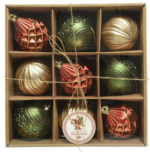 Palline di Natale in plastica, 8 cm x 9 pezzi, infrangibili, motivo vintage, colore: rosso, oro, verde