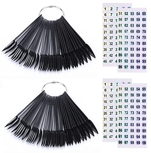 100 ps Nail Swatch Sticks with Number Stickers, Nail Color Display Stiletto Tips, Fan-shaped Nail Polish Practice Sticks, Nail Art Display Nail Color Wheel Nail Sample Sticks (Black)
