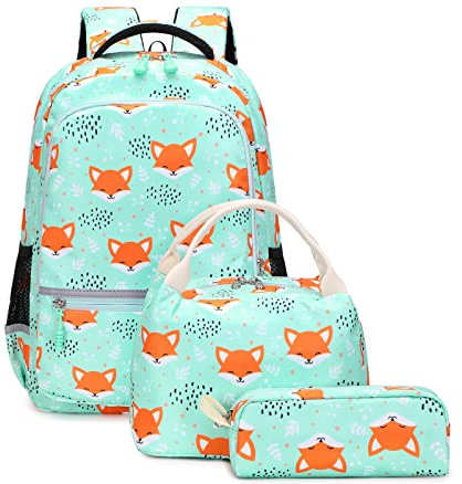 Soekidy Rucksäcke für Mädchen, Rucksack für Schule, Fuchs, Einhorn-Rucksack, Kinderrucksack-Set, Vorschul-Büchertasche, Grün , Large, Grüner Fuchs