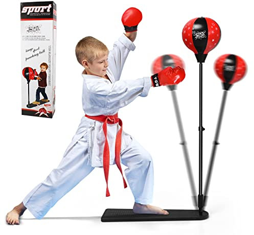 Costway Punching Ball sur Pied pour Enfant Hauteur Réglable 85-130 cm, Gant de Box, Sac de Frappe sur Pied, Base Anti-Dérapante, pour Boxe Enfant 8 Ans+