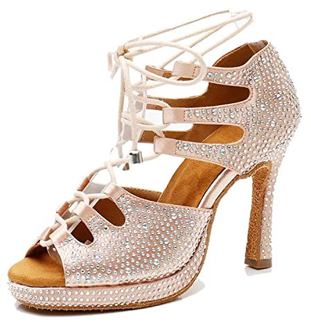 LITNERMIA Sandalias modernas de baile latino con cordones para mujer, para boda, fiesta, L425 Plataforma Beige Tacón de 10 cm, 39 EU