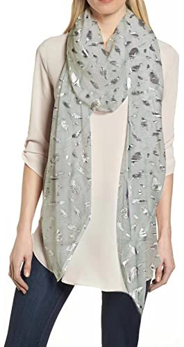 Lina & Lily Damen Schal mit Federmuster Metallic (Hellgrau-Silber)