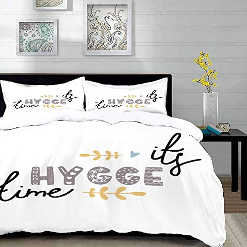 MANJIMAA Bettbezug 3-teiliges Bettwäsche-Set mit 2 Kissenbezügen, Herbst Es Hygge Zeit Gemütliches Zuhause Phrase Komfort Dänisch Dänemark Zeichnung Herbst,Weiche,Teenager, Erwachsene mit
