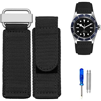 HEPUP 22 mm 24 mm Nylon Uhrenarmband für Seiko Tudor Rolex BR Klettverschluss Sport Armband Stahlschnalle NATO Armband Schwarz Blau, 24 mm, Achat