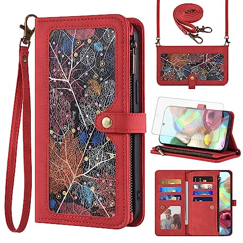 Asuwish Étui de téléphone pour Samsung Galaxy A71 4G Portefeuille avec protecteur d'écran en verre trempé Bandoulière Dragonne Cuir Flip Motif Fermeture éclair Porte-cartes de crédit Stand Cell A 71